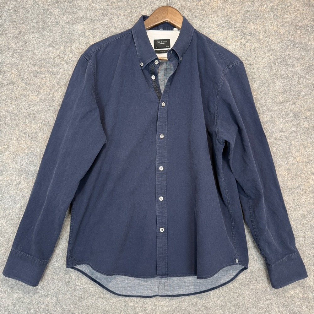 Rag & Bone Button Down Shirt Mens XL Slim Fit 2 Twill Cotton Navy Blue Casual